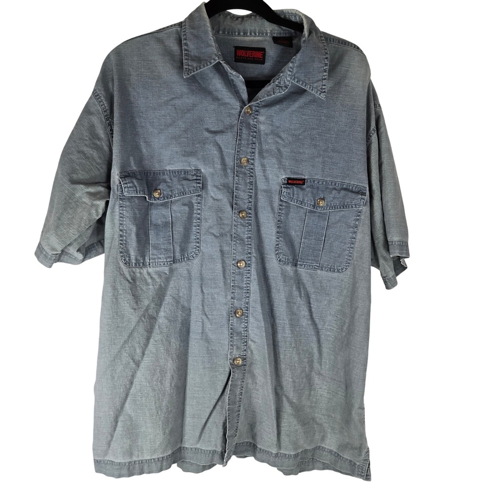 Wolverine Work Shirt Button Up Short Sleeve Pockets Blue Mens‎ L Western Utility